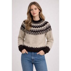 Kantuta Export 100% Alpaca Wool Fair Isle Sweater Hand Made Bolivia Brown Cream